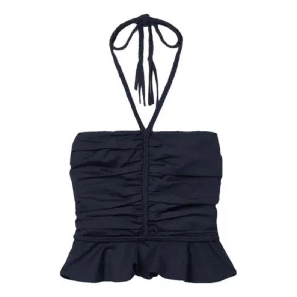 Veronica Beard Arienne Ruched Stretch-Cotton Poplin Halterneck Top Nwt